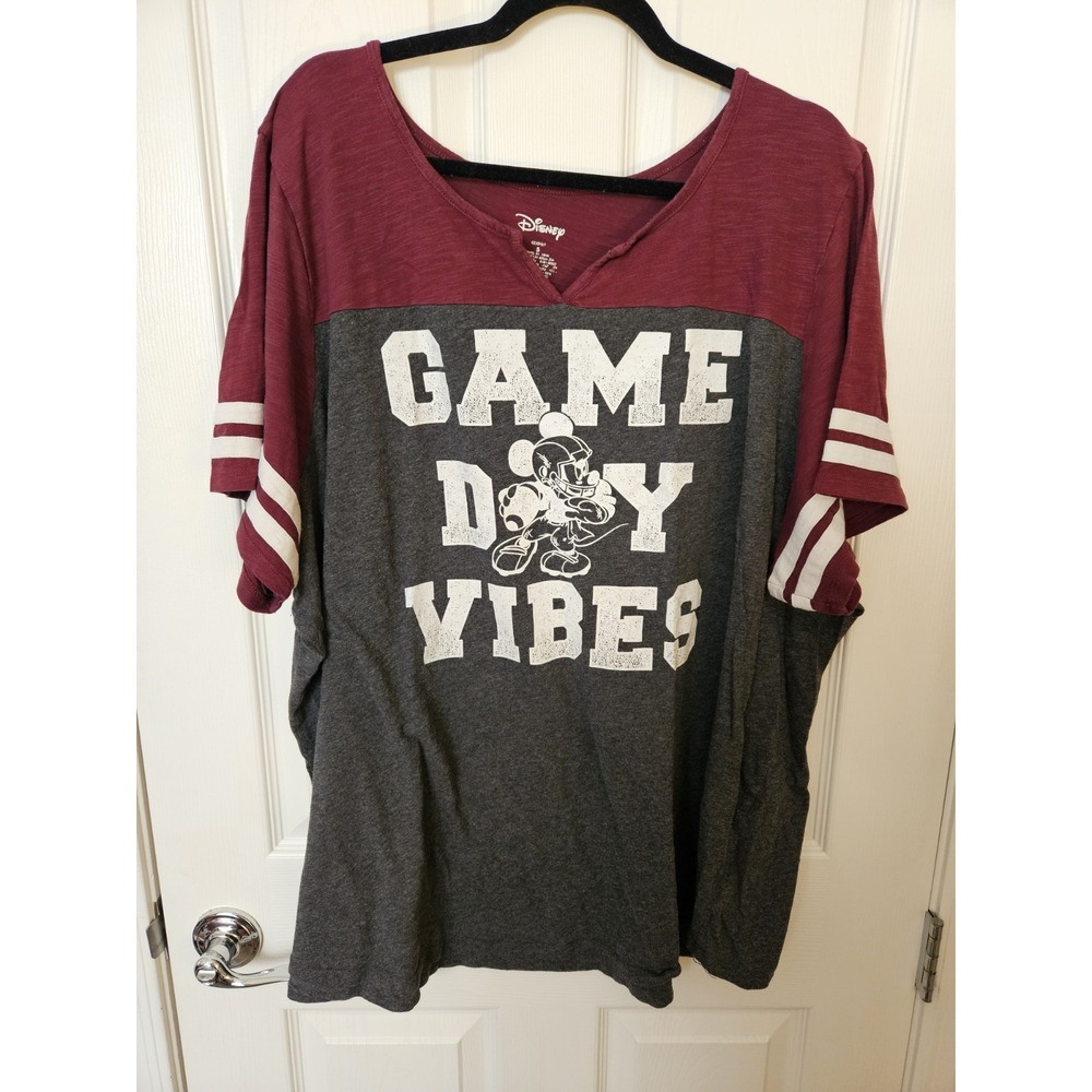 Disney Women's GAME DAY VIBES V-Neck Short Sleeve Gray/Maroon T-Shirt, Plus 5X